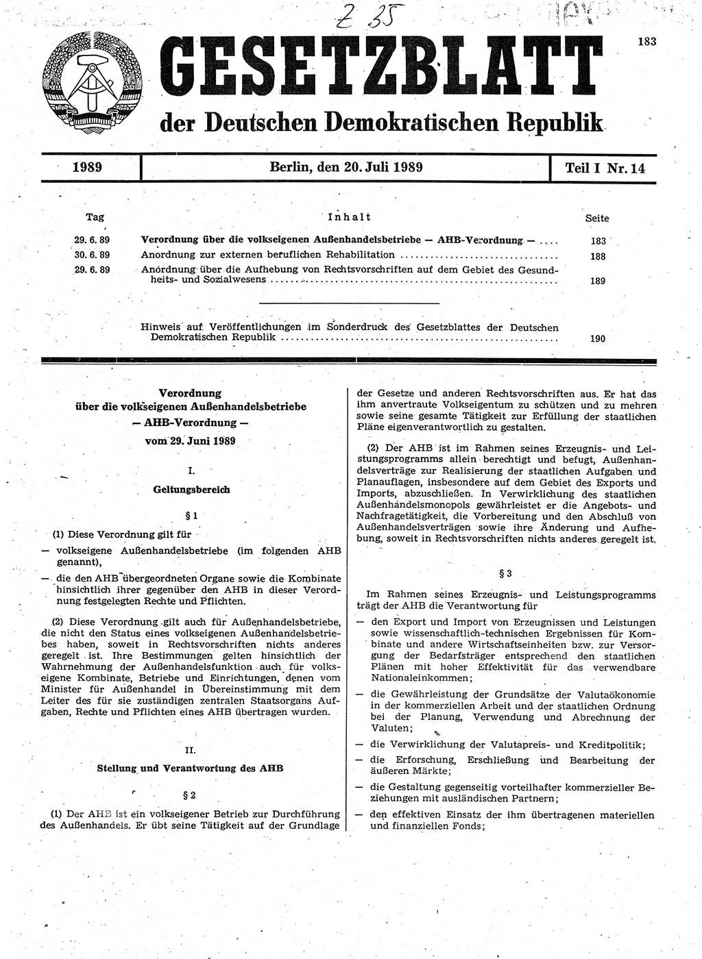 Gesetzblatt (GBl.) der Deutschen Demokratischen Republik (DDR) Teil Ⅰ 1989, Seite 183 (GBl. DDR Ⅰ 1989, S. 183)