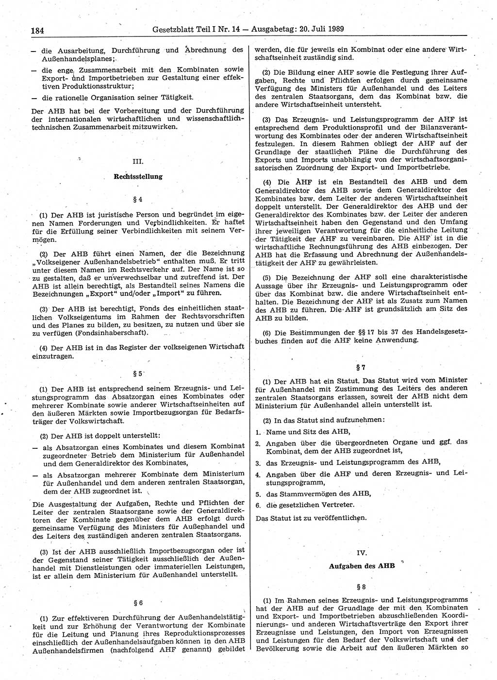 Gesetzblatt (GBl.) der Deutschen Demokratischen Republik (DDR) Teil Ⅰ 1989, Seite 184 (GBl. DDR Ⅰ 1989, S. 184)