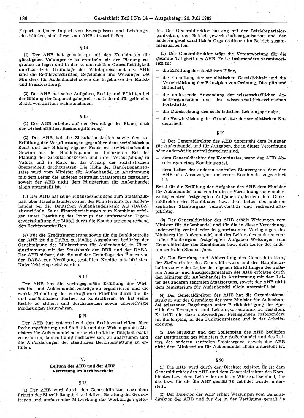 Gesetzblatt (GBl.) der Deutschen Demokratischen Republik (DDR) Teil Ⅰ 1989, Seite 186 (GBl. DDR Ⅰ 1989, S. 186)