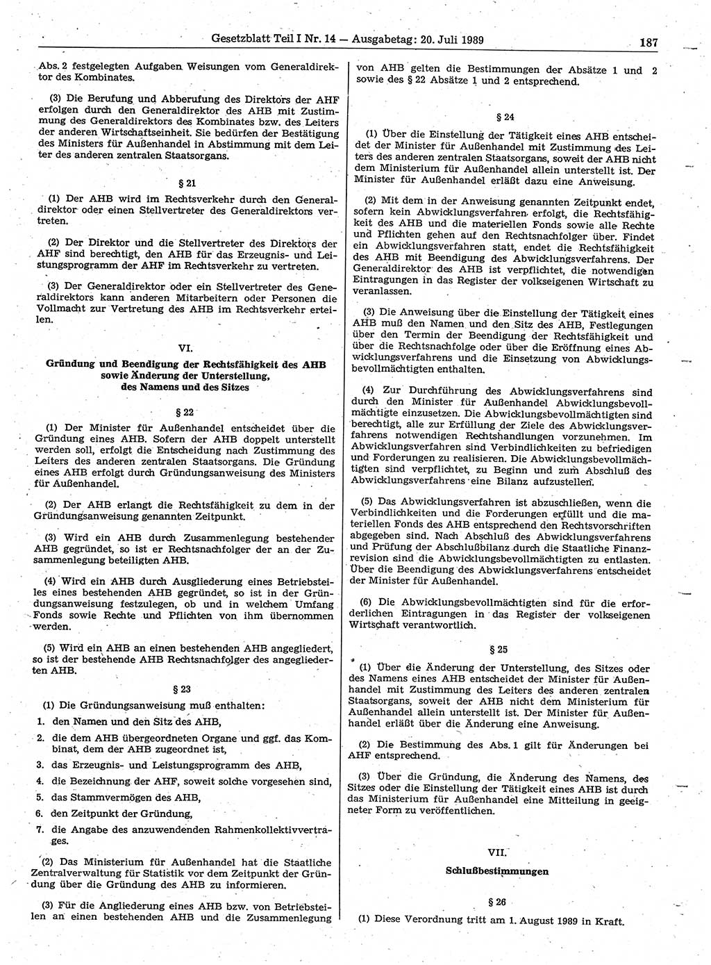 Gesetzblatt (GBl.) der Deutschen Demokratischen Republik (DDR) Teil Ⅰ 1989, Seite 187 (GBl. DDR Ⅰ 1989, S. 187)