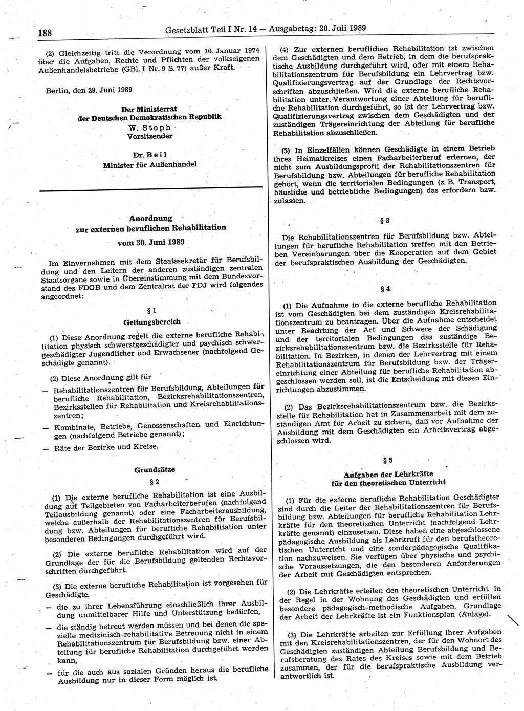 Gesetzblatt (GBl.) der Deutschen Demokratischen Republik (DDR) Teil Ⅰ 1989, Seite 188 (GBl. DDR Ⅰ 1989, S. 188)