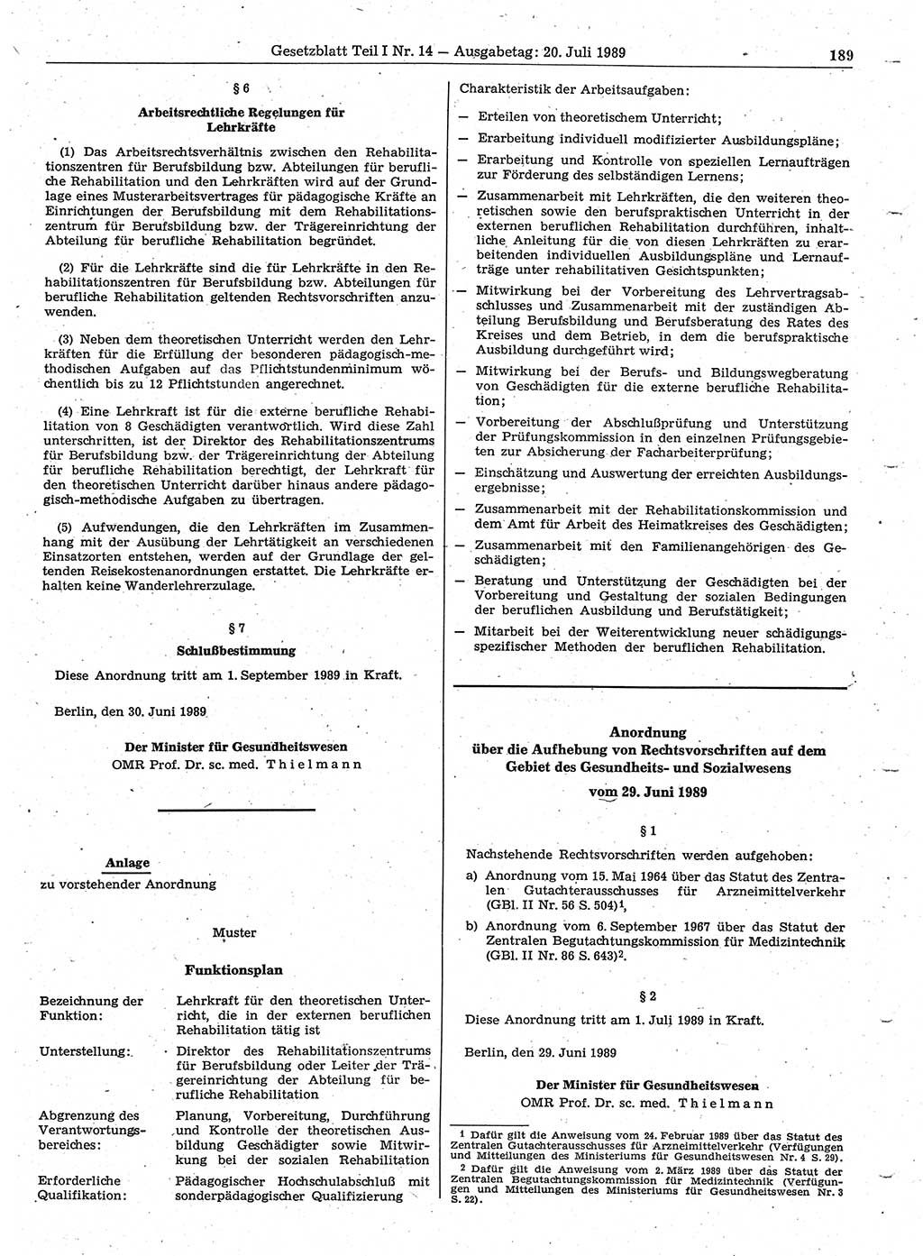 Gesetzblatt (GBl.) der Deutschen Demokratischen Republik (DDR) Teil Ⅰ 1989, Seite 189 (GBl. DDR Ⅰ 1989, S. 189)