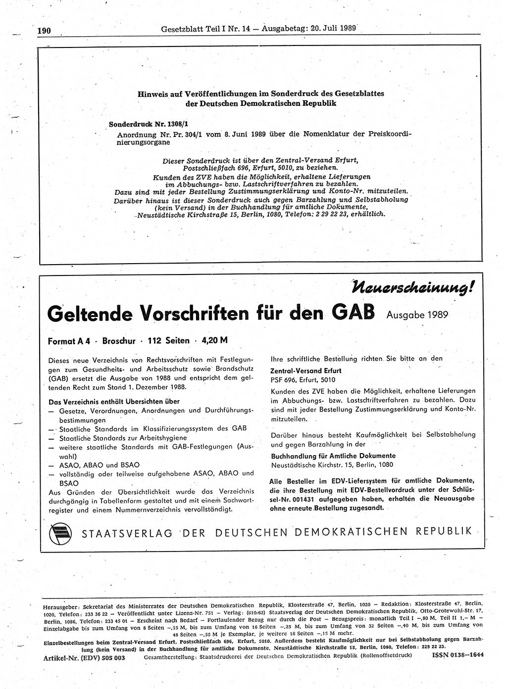 Gesetzblatt (GBl.) der Deutschen Demokratischen Republik (DDR) Teil Ⅰ 1989, Seite 190 (GBl. DDR Ⅰ 1989, S. 190)