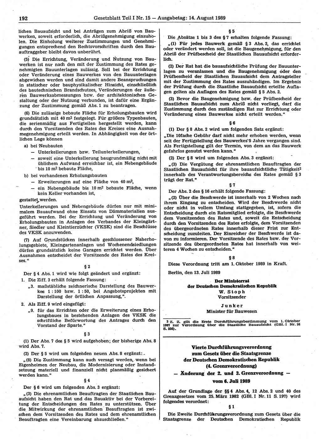 Gesetzblatt (GBl.) der Deutschen Demokratischen Republik (DDR) Teil Ⅰ 1989, Seite 192 (GBl. DDR Ⅰ 1989, S. 192)