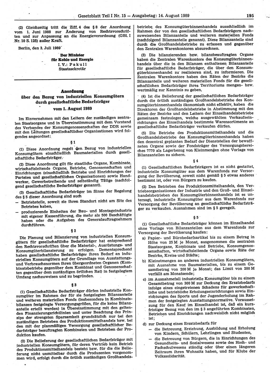 Gesetzblatt (GBl.) der Deutschen Demokratischen Republik (DDR) Teil Ⅰ 1989, Seite 195 (GBl. DDR Ⅰ 1989, S. 195)