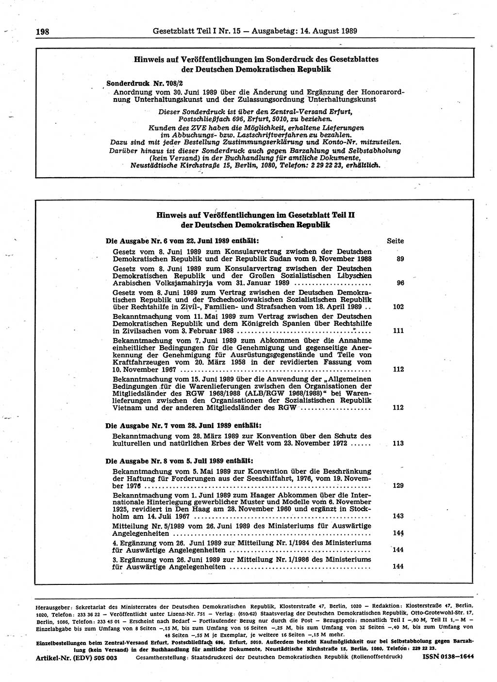 Gesetzblatt (GBl.) der Deutschen Demokratischen Republik (DDR) Teil Ⅰ 1989, Seite 198 (GBl. DDR Ⅰ 1989, S. 198)