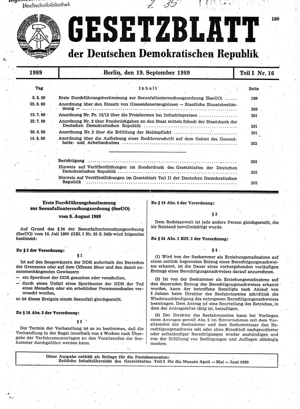Gesetzblatt (GBl.) der Deutschen Demokratischen Republik (DDR) Teil Ⅰ 1989, Seite 199 (GBl. DDR Ⅰ 1989, S. 199)