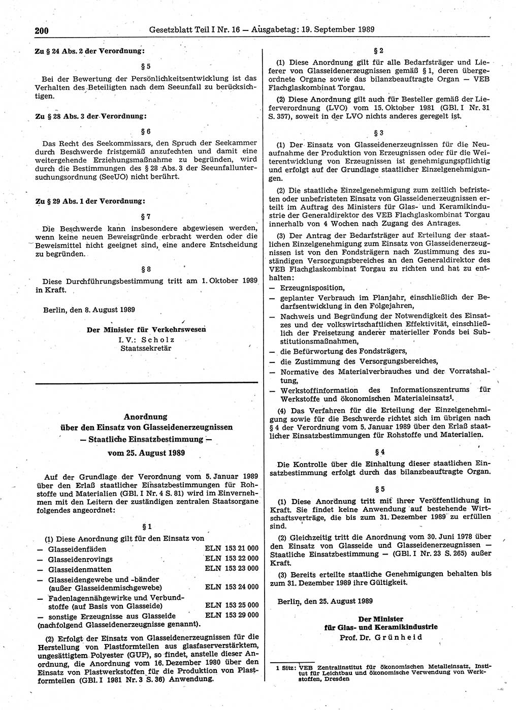 Gesetzblatt (GBl.) der Deutschen Demokratischen Republik (DDR) Teil Ⅰ 1989, Seite 200 (GBl. DDR Ⅰ 1989, S. 200)