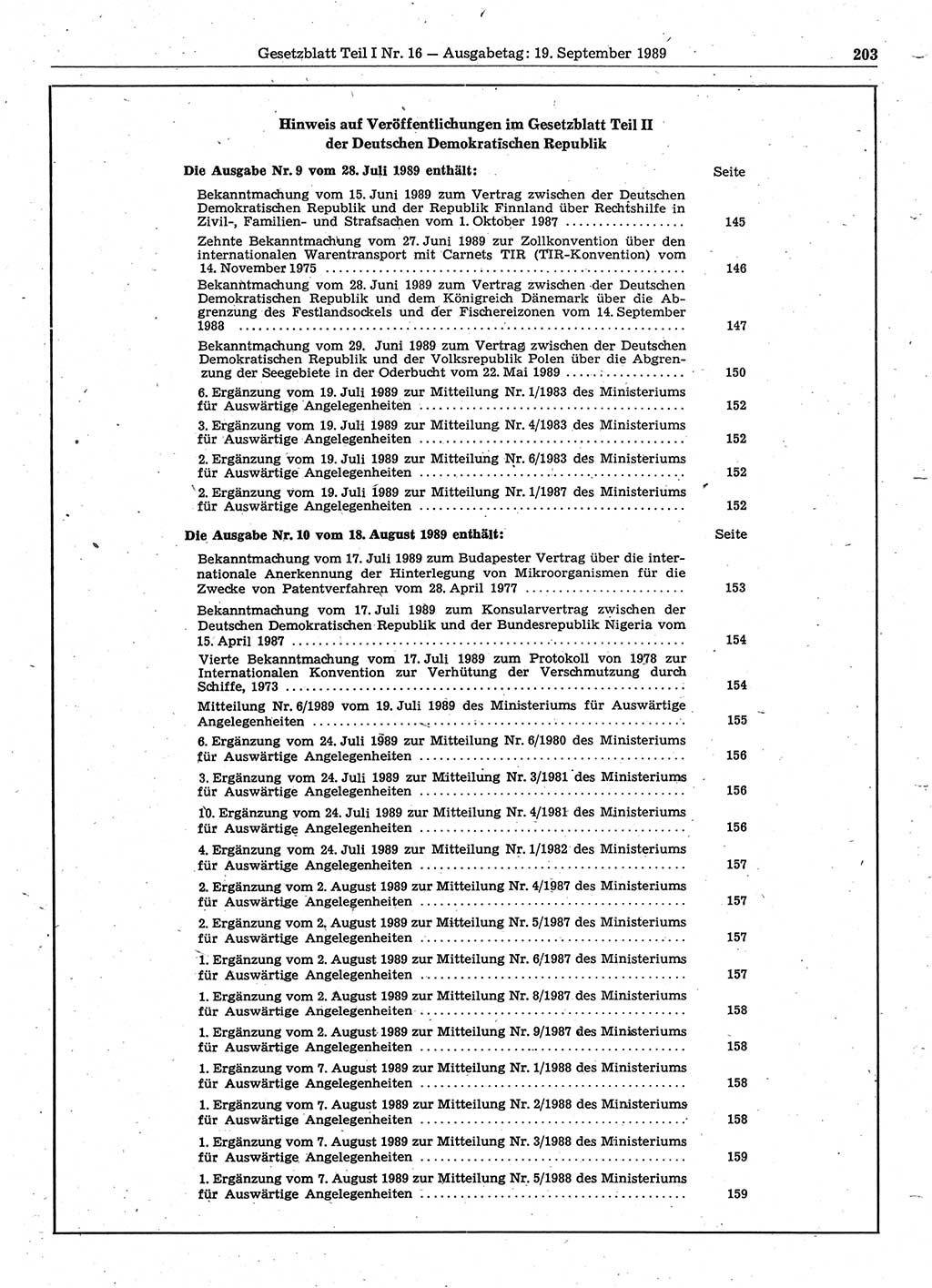 Gesetzblatt (GBl.) der Deutschen Demokratischen Republik (DDR) Teil Ⅰ 1989, Seite 203 (GBl. DDR Ⅰ 1989, S. 203)