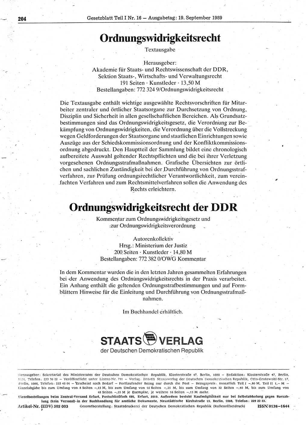 Gesetzblatt (GBl.) der Deutschen Demokratischen Republik (DDR) Teil Ⅰ 1989, Seite 204 (GBl. DDR Ⅰ 1989, S. 204)