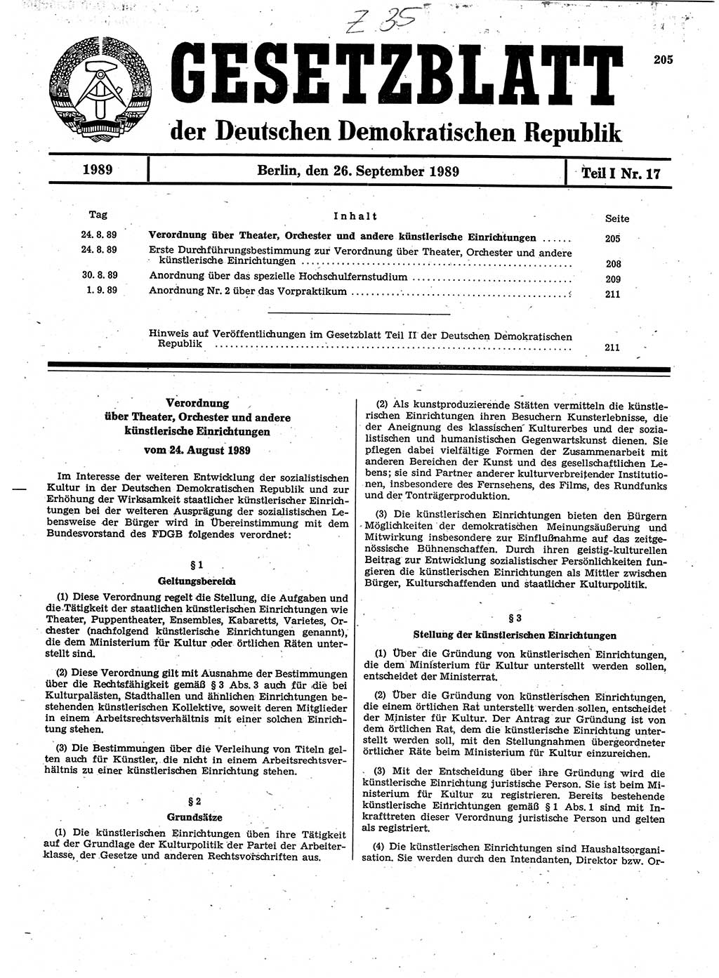 Gesetzblatt (GBl.) der Deutschen Demokratischen Republik (DDR) Teil Ⅰ 1989, Seite 205 (GBl. DDR Ⅰ 1989, S. 205)