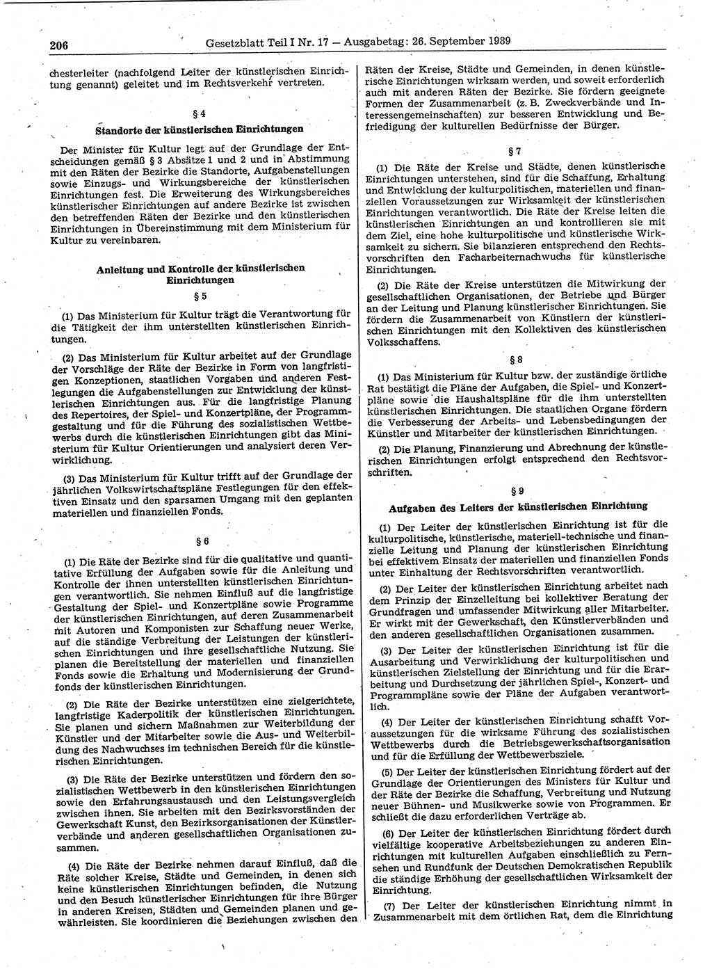 Gesetzblatt (GBl.) der Deutschen Demokratischen Republik (DDR) Teil Ⅰ 1989, Seite 206 (GBl. DDR Ⅰ 1989, S. 206)