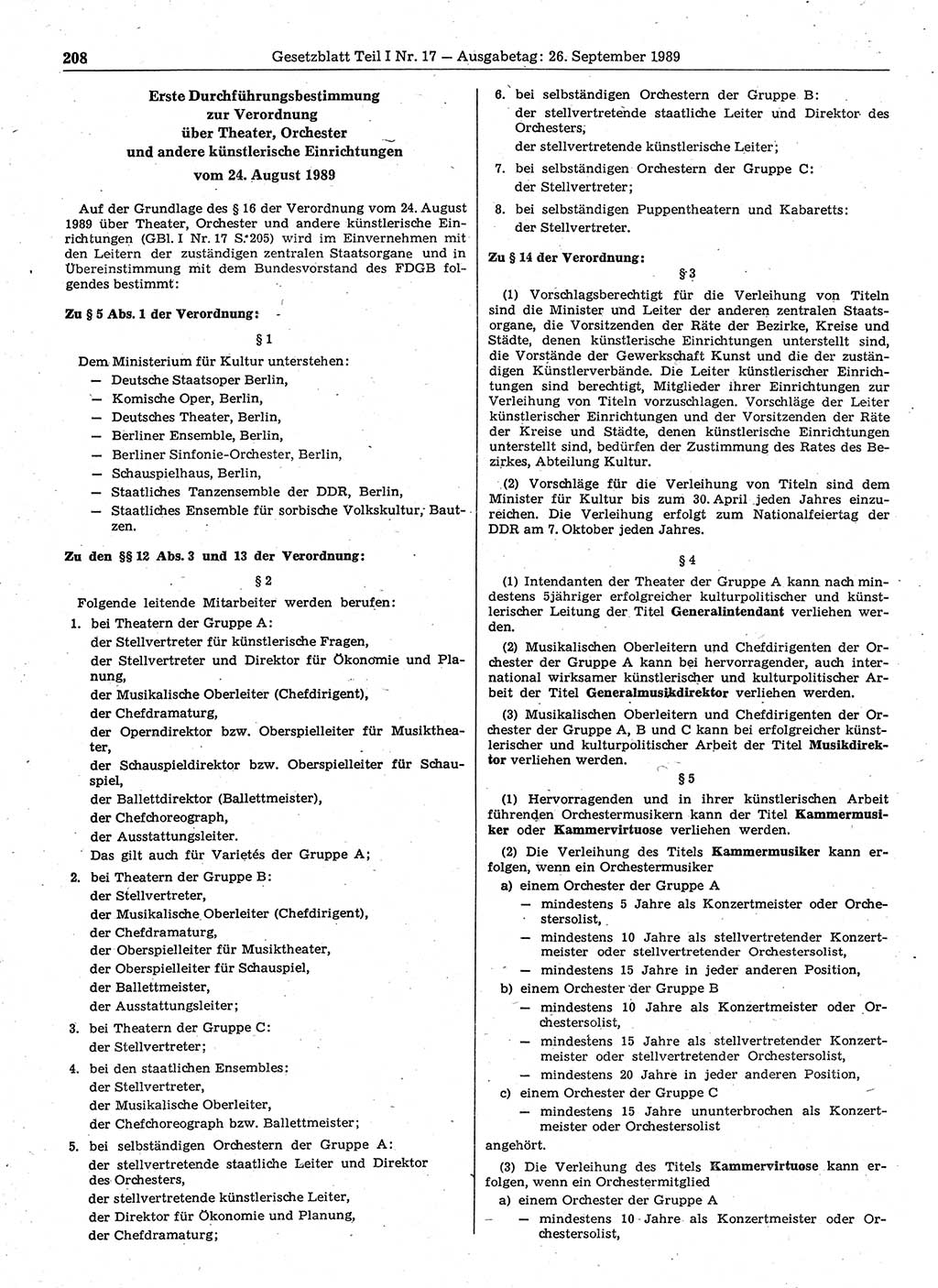 Gesetzblatt (GBl.) der Deutschen Demokratischen Republik (DDR) Teil Ⅰ 1989, Seite 208 (GBl. DDR Ⅰ 1989, S. 208)