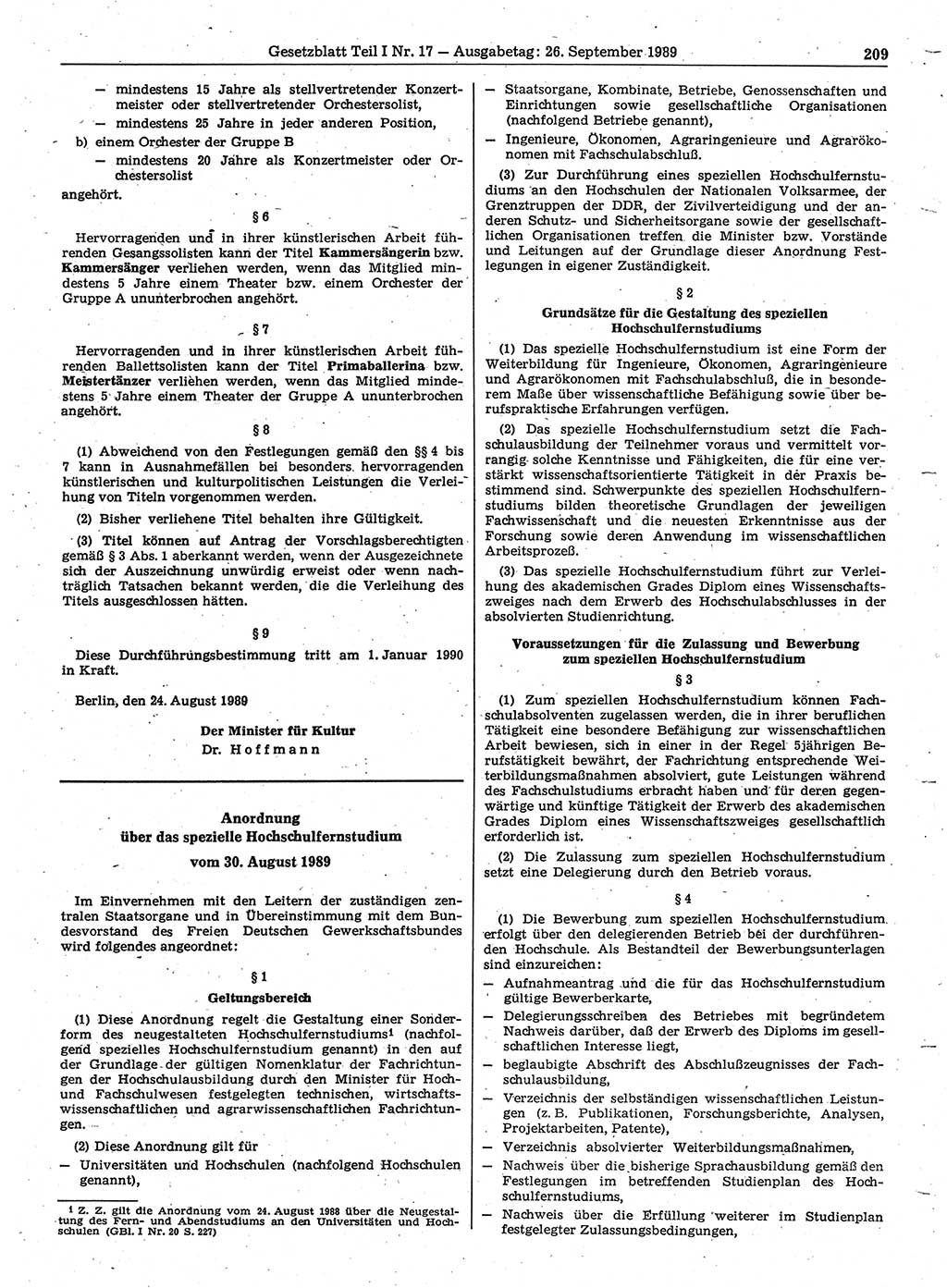 Gesetzblatt (GBl.) der Deutschen Demokratischen Republik (DDR) Teil Ⅰ 1989, Seite 209 (GBl. DDR Ⅰ 1989, S. 209)
