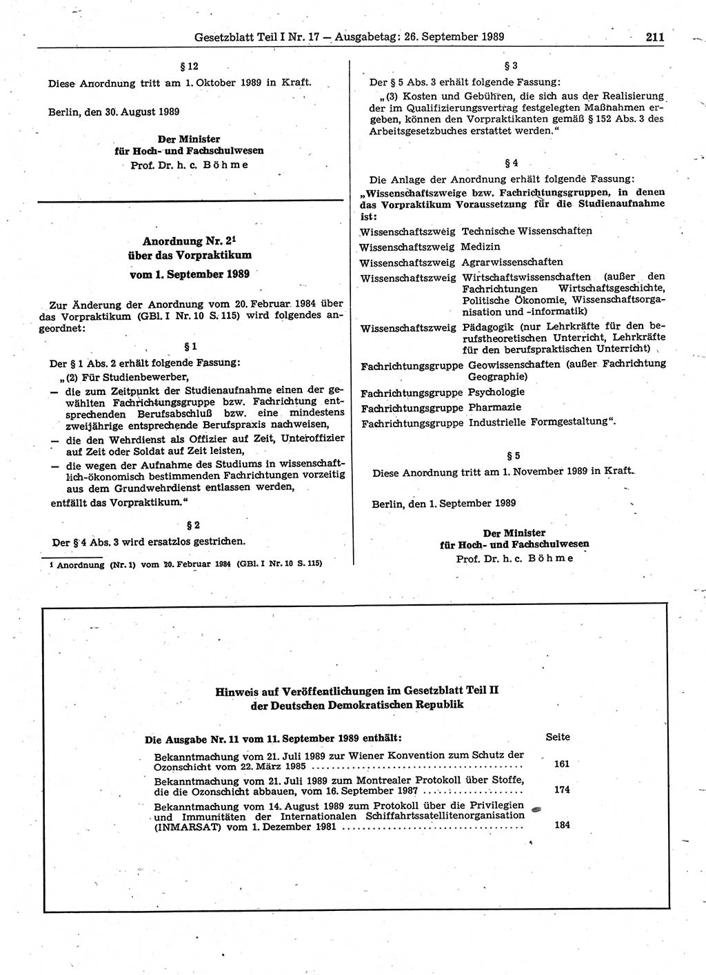 Gesetzblatt (GBl.) der Deutschen Demokratischen Republik (DDR) Teil Ⅰ 1989, Seite 211 (GBl. DDR Ⅰ 1989, S. 211)