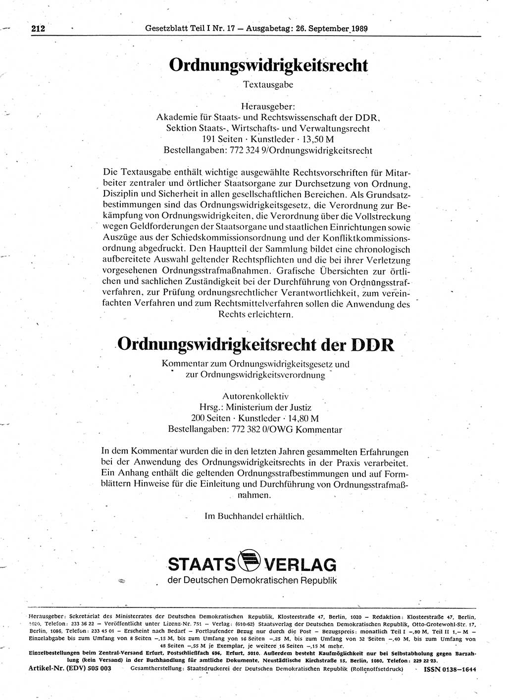 Gesetzblatt (GBl.) der Deutschen Demokratischen Republik (DDR) Teil Ⅰ 1989, Seite 212 (GBl. DDR Ⅰ 1989, S. 212)