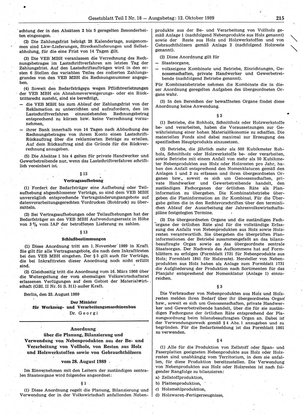 Gesetzblatt (GBl.) der Deutschen Demokratischen Republik (DDR) Teil Ⅰ 1989, Seite 215 (GBl. DDR Ⅰ 1989, S. 215)