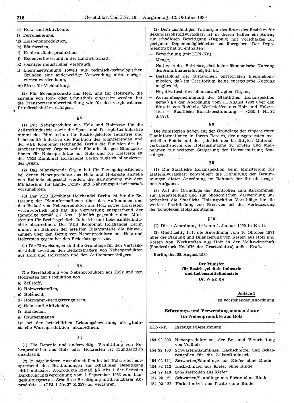 Gesetzblatt (GBl.) der Deutschen Demokratischen Republik (DDR) Teil Ⅰ 1989, Seite 216 (GBl. DDR Ⅰ 1989, S. 216)