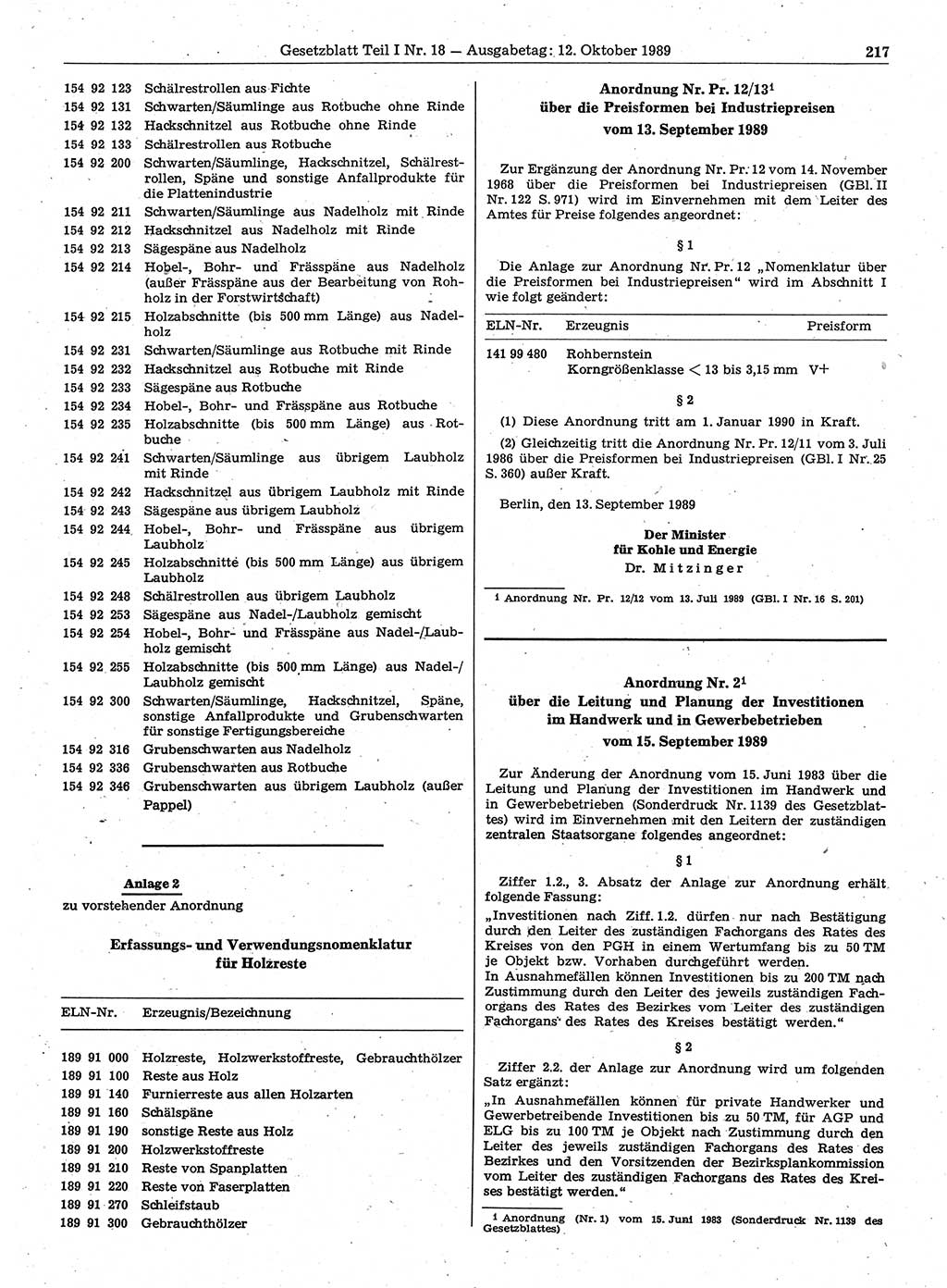 Gesetzblatt (GBl.) der Deutschen Demokratischen Republik (DDR) Teil Ⅰ 1989, Seite 217 (GBl. DDR Ⅰ 1989, S. 217)
