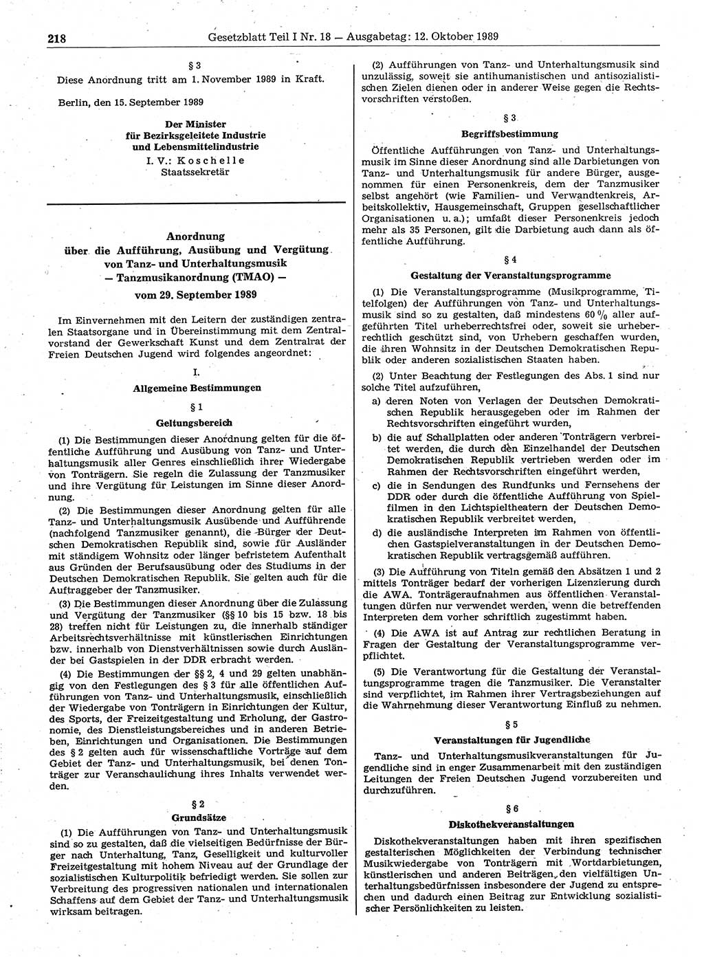 Gesetzblatt (GBl.) der Deutschen Demokratischen Republik (DDR) Teil Ⅰ 1989, Seite 218 (GBl. DDR Ⅰ 1989, S. 218)