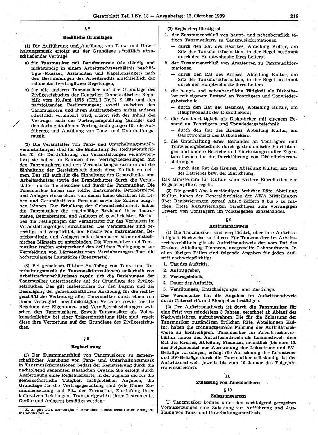 Gesetzblatt (GBl.) der Deutschen Demokratischen Republik (DDR) Teil Ⅰ 1989, Seite 219 (GBl. DDR Ⅰ 1989, S. 219)