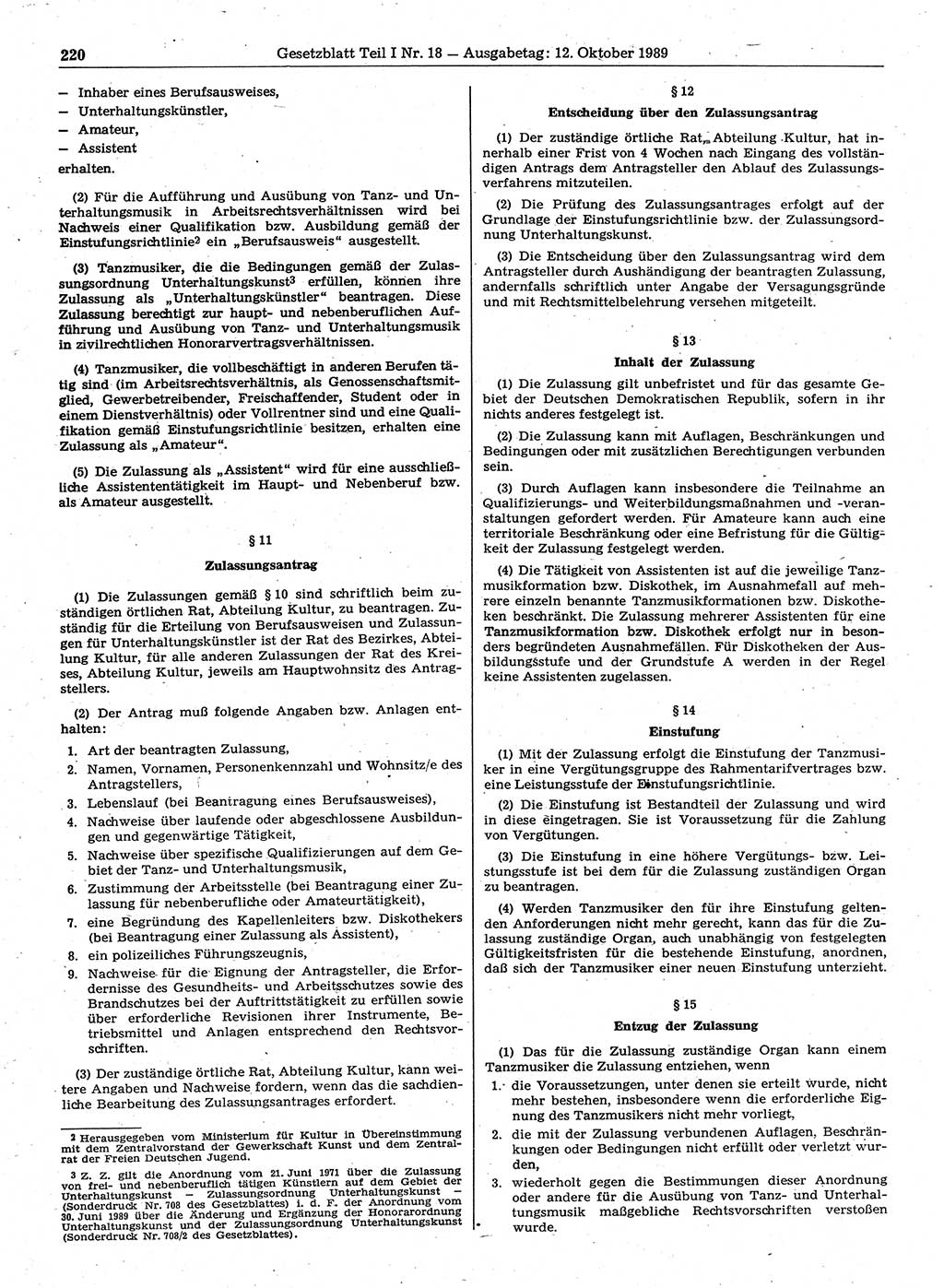 Gesetzblatt (GBl.) der Deutschen Demokratischen Republik (DDR) Teil Ⅰ 1989, Seite 220 (GBl. DDR Ⅰ 1989, S. 220)