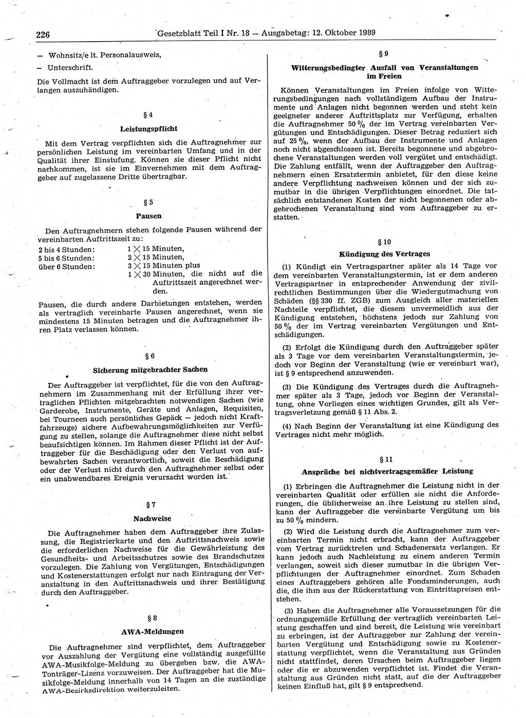 Gesetzblatt (GBl.) der Deutschen Demokratischen Republik (DDR) Teil Ⅰ 1989, Seite 226 (GBl. DDR Ⅰ 1989, S. 226)