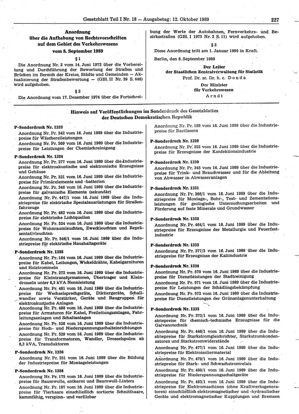 Gesetzblatt (GBl.) der Deutschen Demokratischen Republik (DDR) Teil Ⅰ 1989, Seite 227 (GBl. DDR Ⅰ 1989, S. 227)