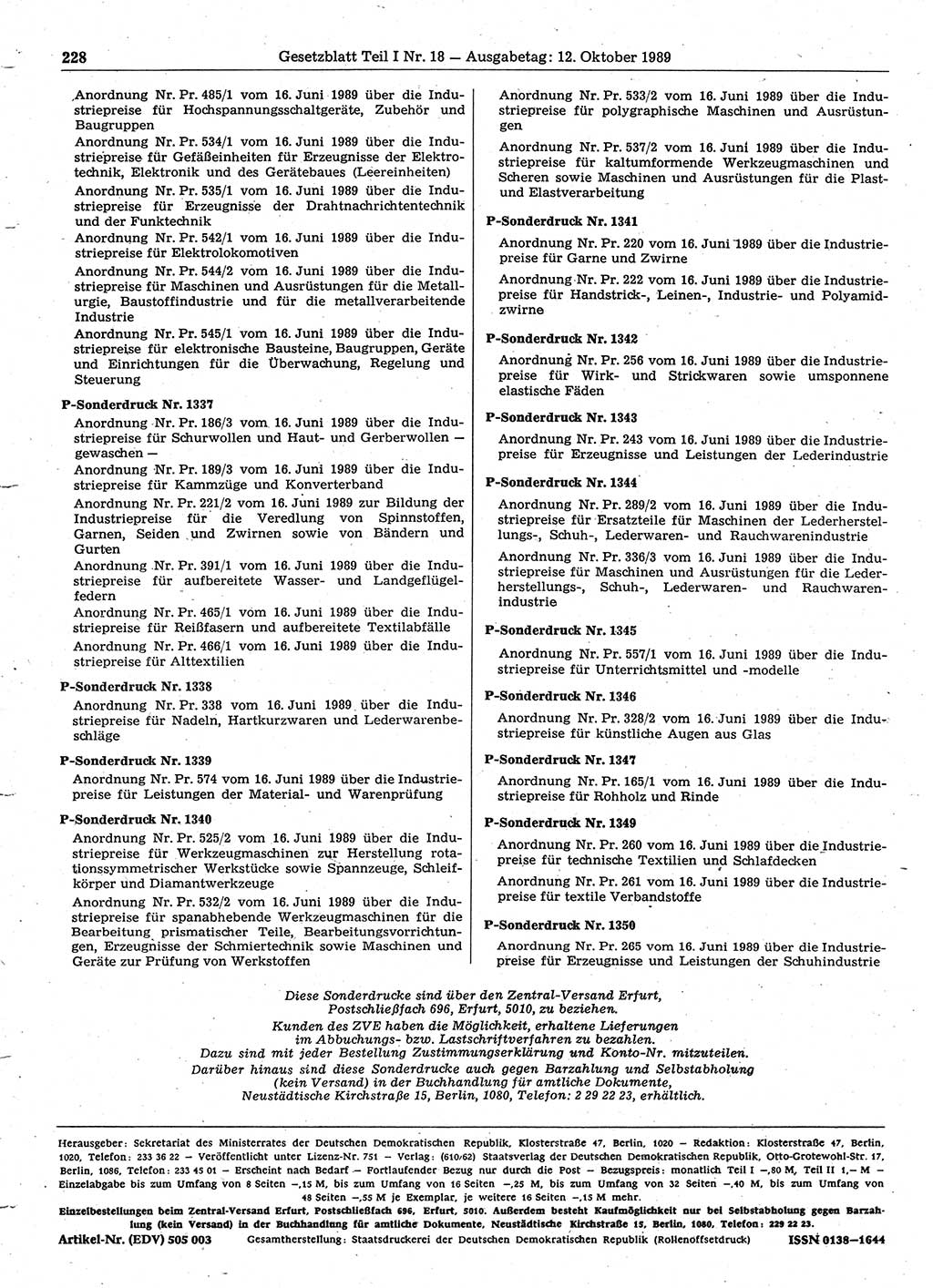 Gesetzblatt (GBl.) der Deutschen Demokratischen Republik (DDR) Teil Ⅰ 1989, Seite 228 (GBl. DDR Ⅰ 1989, S. 228)