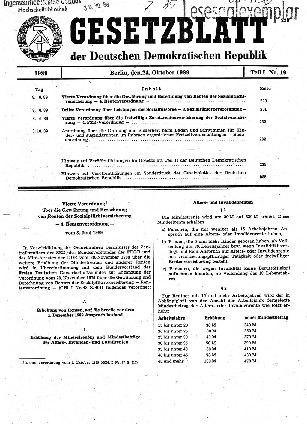Gesetzblatt (GBl.) der Deutschen Demokratischen Republik (DDR) Teil Ⅰ 1989, Seite 229 (GBl. DDR Ⅰ 1989, S. 229)