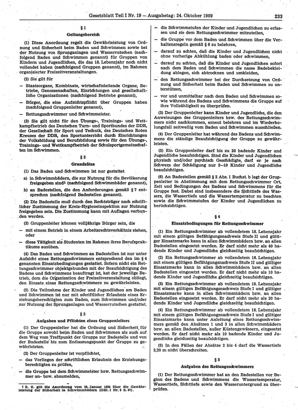 Gesetzblatt (GBl.) der Deutschen Demokratischen Republik (DDR) Teil Ⅰ 1989, Seite 233 (GBl. DDR Ⅰ 1989, S. 233)