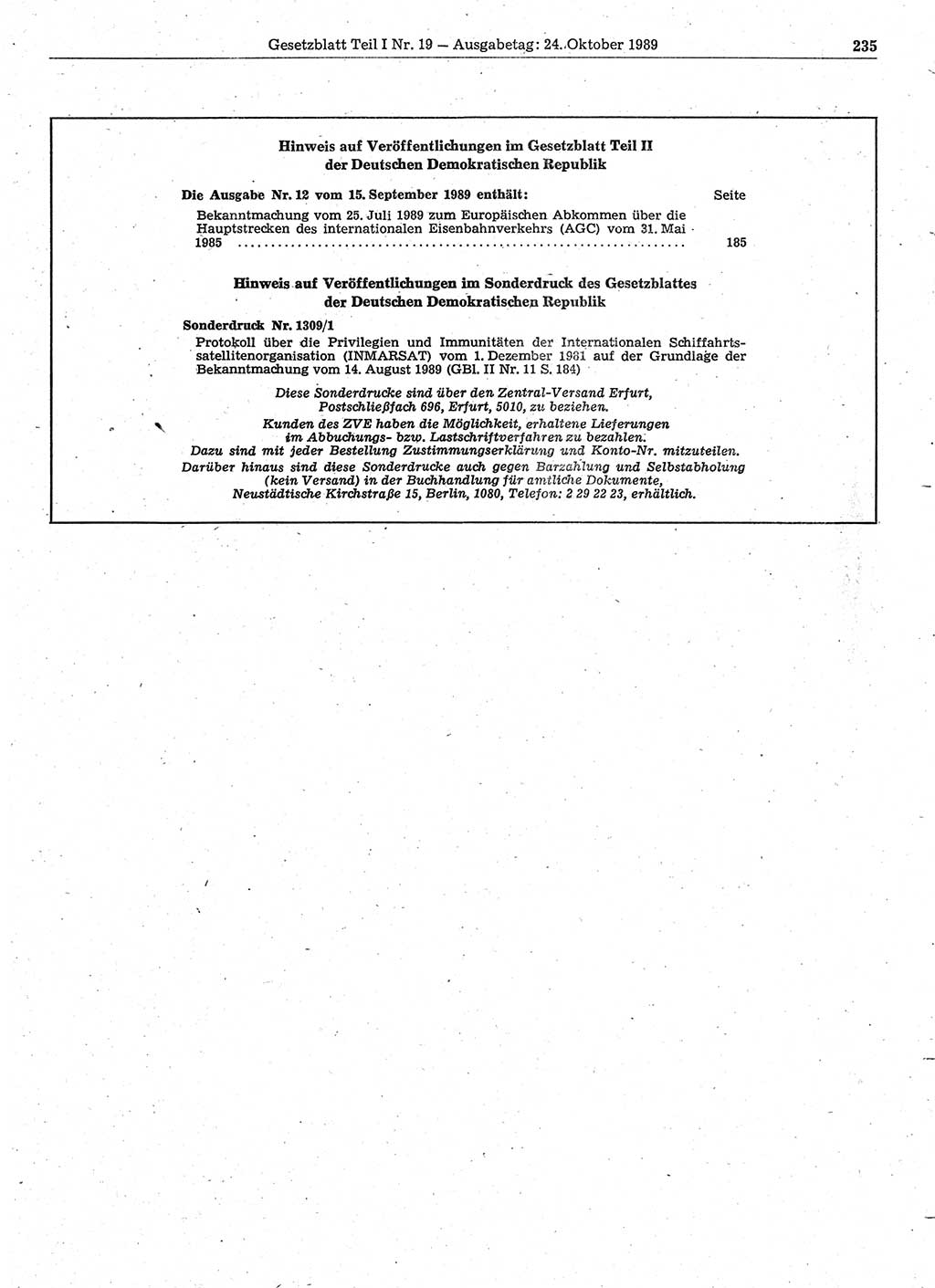 Gesetzblatt (GBl.) der Deutschen Demokratischen Republik (DDR) Teil Ⅰ 1989, Seite 235 (GBl. DDR Ⅰ 1989, S. 235)