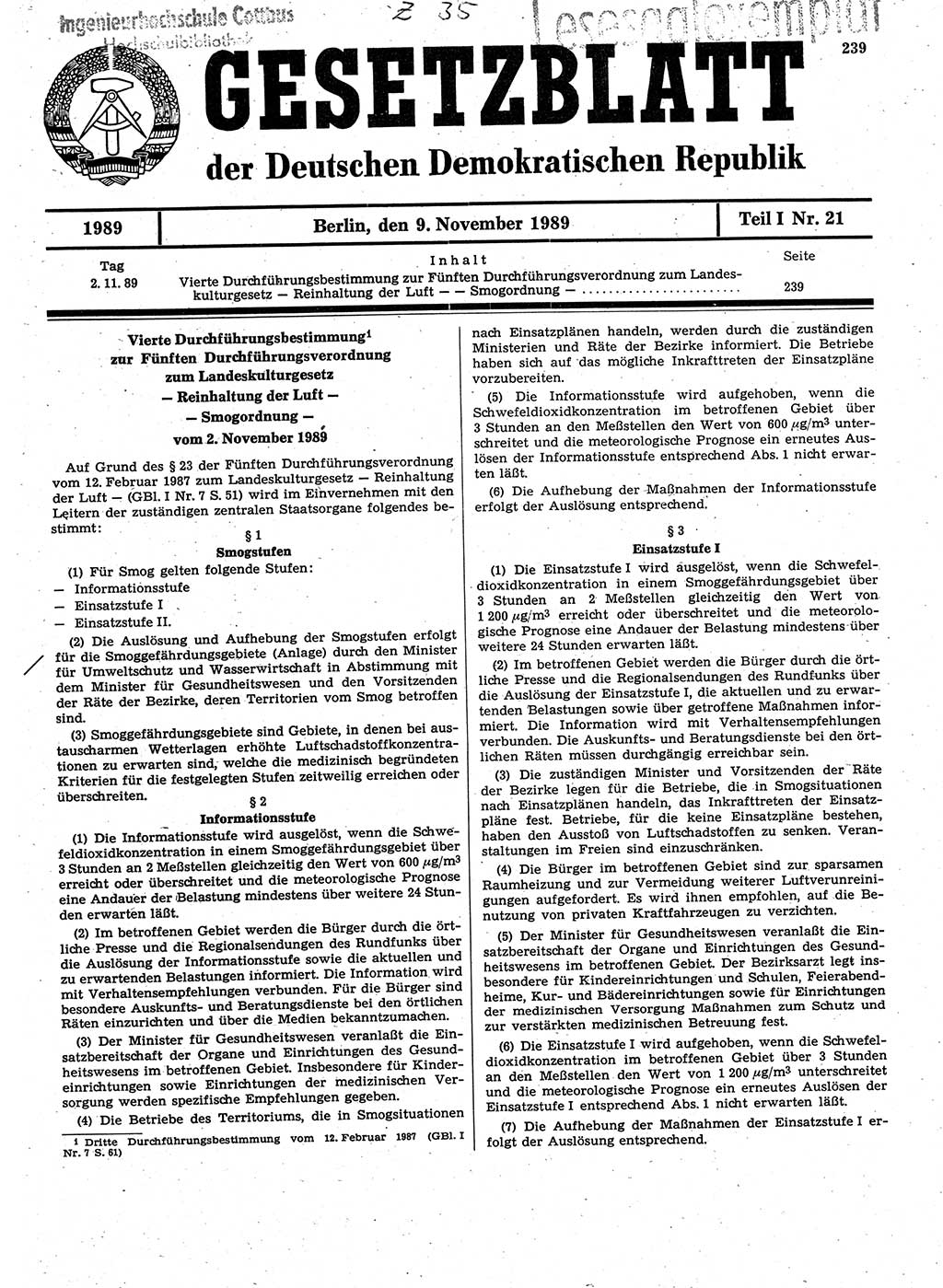 Gesetzblatt (GBl.) der Deutschen Demokratischen Republik (DDR) Teil Ⅰ 1989, Seite 239 (GBl. DDR Ⅰ 1989, S. 239)