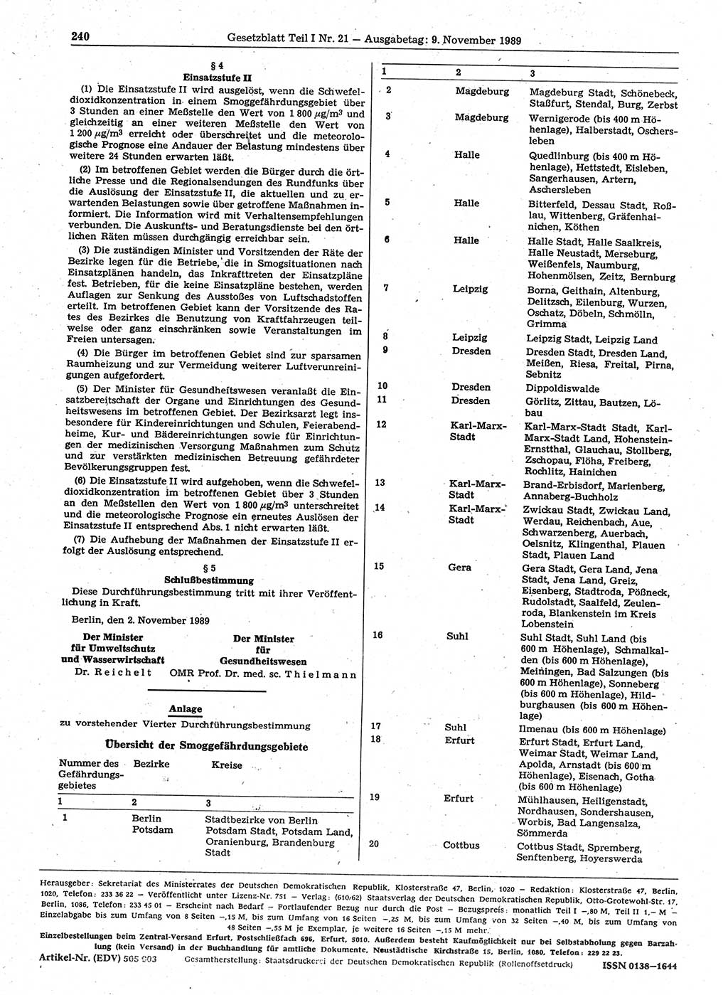 Gesetzblatt (GBl.) der Deutschen Demokratischen Republik (DDR) Teil Ⅰ 1989, Seite 240 (GBl. DDR Ⅰ 1989, S. 240)