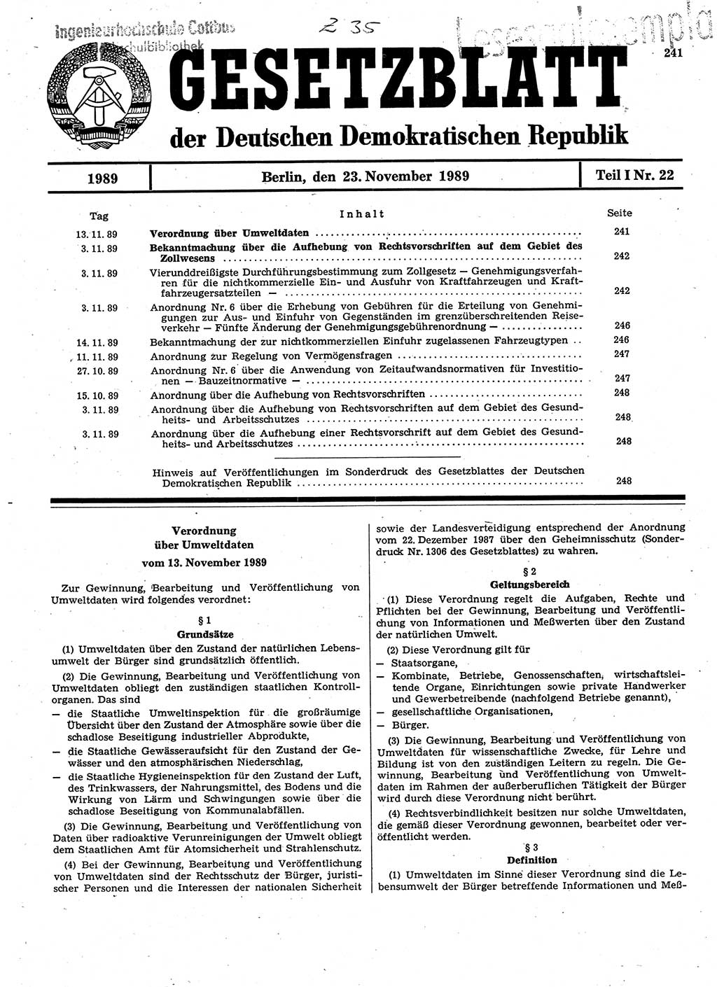 Gesetzblatt (GBl.) der Deutschen Demokratischen Republik (DDR) Teil Ⅰ 1989, Seite 241 (GBl. DDR Ⅰ 1989, S. 241)