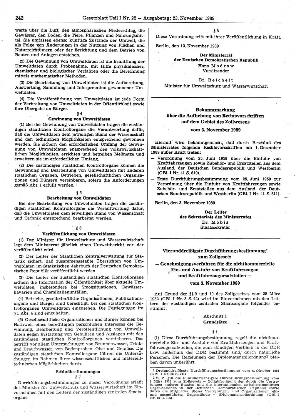 Gesetzblatt (GBl.) der Deutschen Demokratischen Republik (DDR) Teil Ⅰ 1989, Seite 242 (GBl. DDR Ⅰ 1989, S. 242)
