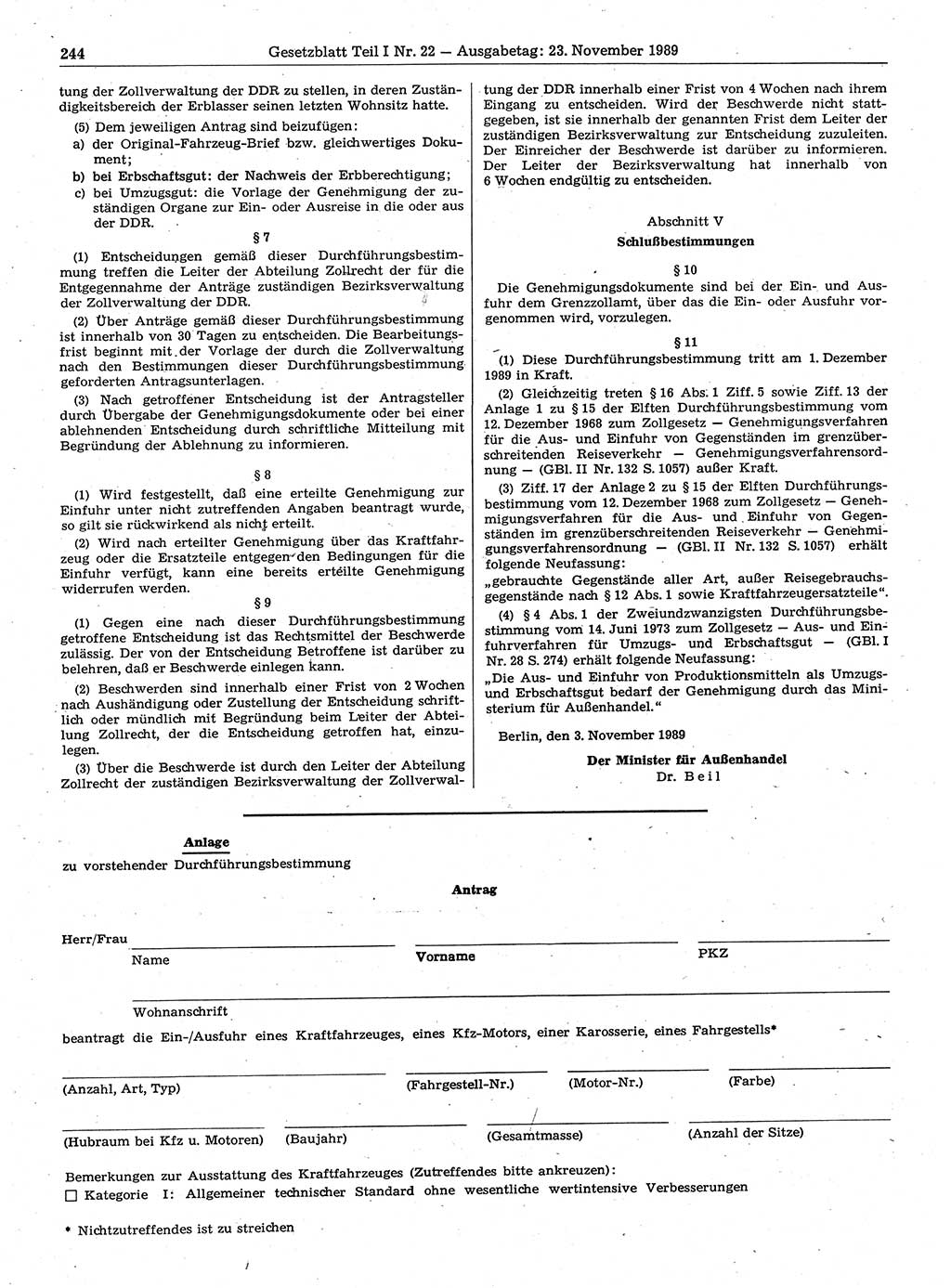 Gesetzblatt (GBl.) der Deutschen Demokratischen Republik (DDR) Teil Ⅰ 1989, Seite 244 (GBl. DDR Ⅰ 1989, S. 244)