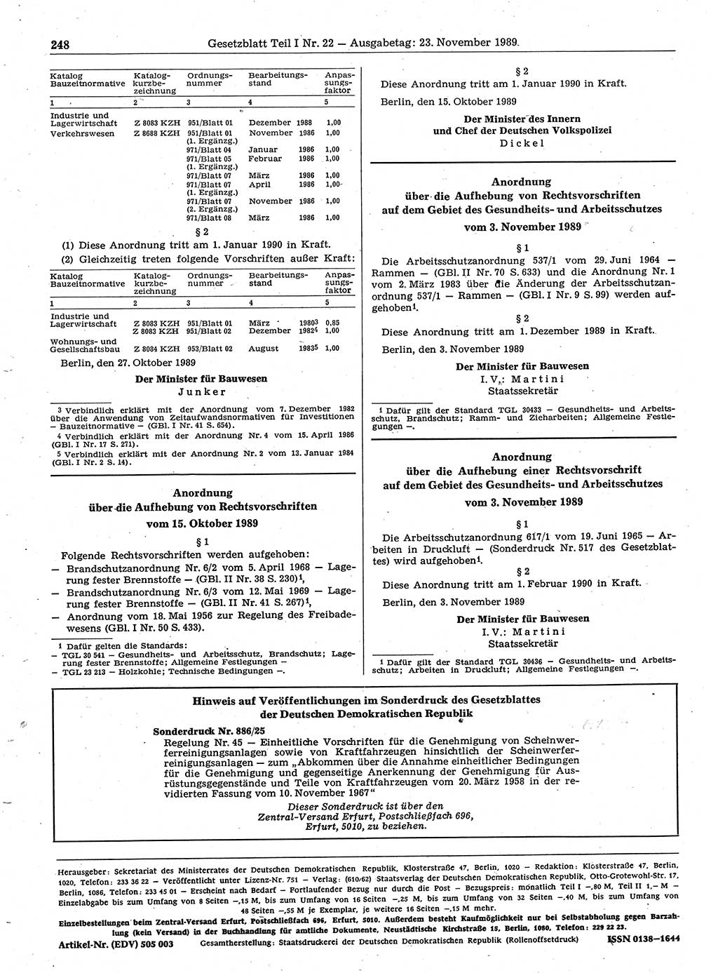 Gesetzblatt (GBl.) der Deutschen Demokratischen Republik (DDR) Teil Ⅰ 1989, Seite 248 (GBl. DDR Ⅰ 1989, S. 248)