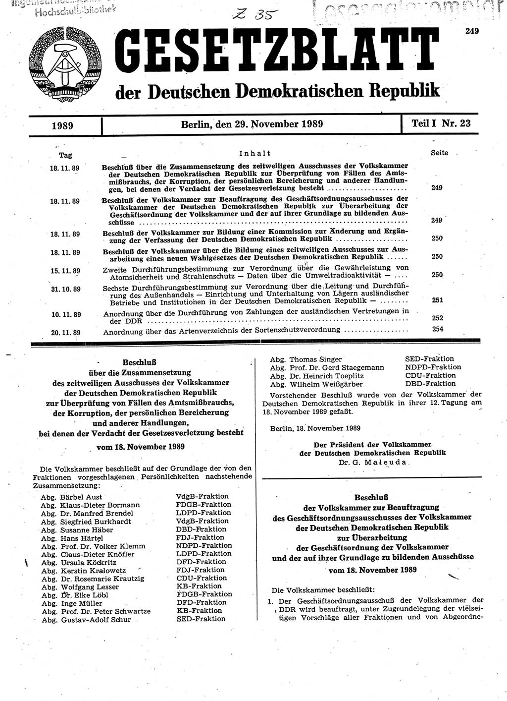 Gesetzblatt (GBl.) der Deutschen Demokratischen Republik (DDR) Teil Ⅰ 1989, Seite 249 (GBl. DDR Ⅰ 1989, S. 249)