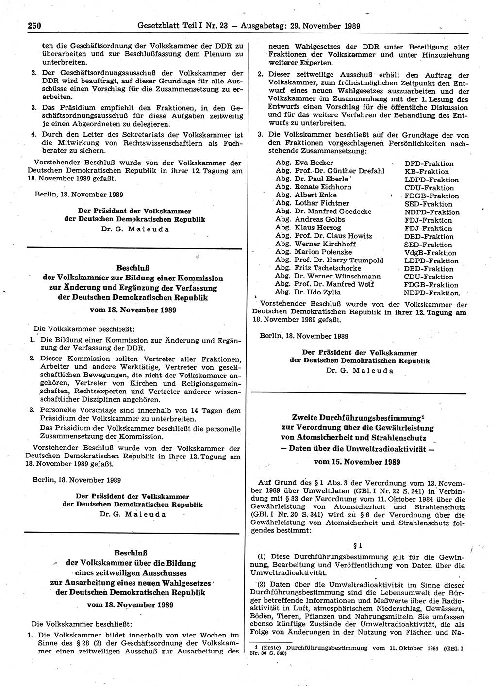 Gesetzblatt (GBl.) der Deutschen Demokratischen Republik (DDR) Teil Ⅰ 1989, Seite 250 (GBl. DDR Ⅰ 1989, S. 250)