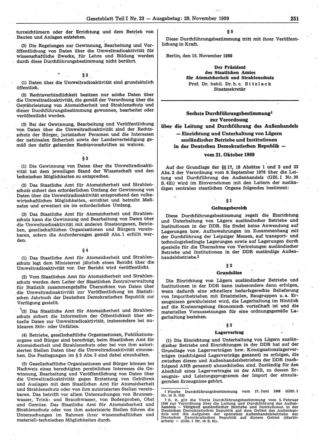 Gesetzblatt (GBl.) der Deutschen Demokratischen Republik (DDR) Teil Ⅰ 1989, Seite 251 (GBl. DDR Ⅰ 1989, S. 251)