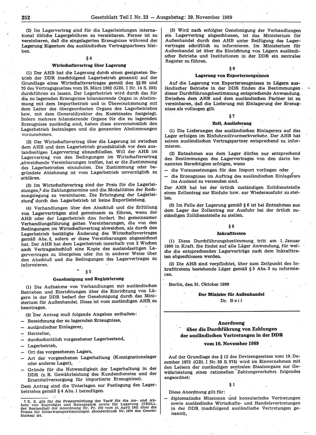 Gesetzblatt (GBl.) der Deutschen Demokratischen Republik (DDR) Teil Ⅰ 1989, Seite 252 (GBl. DDR Ⅰ 1989, S. 252)
