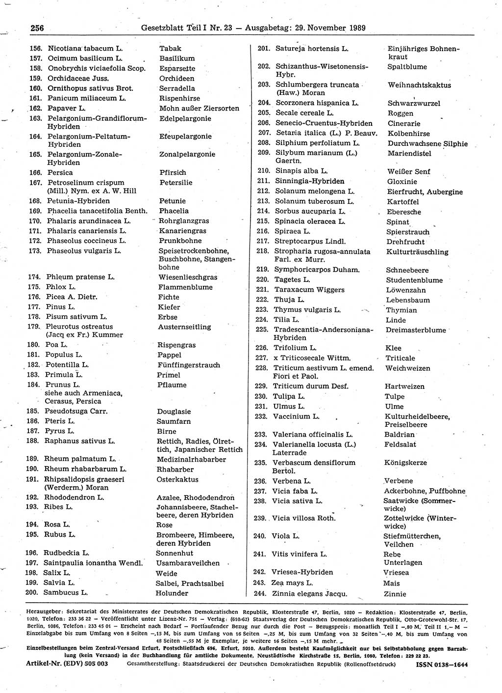 Gesetzblatt (GBl.) der Deutschen Demokratischen Republik (DDR) Teil Ⅰ 1989, Seite 256 (GBl. DDR Ⅰ 1989, S. 256)