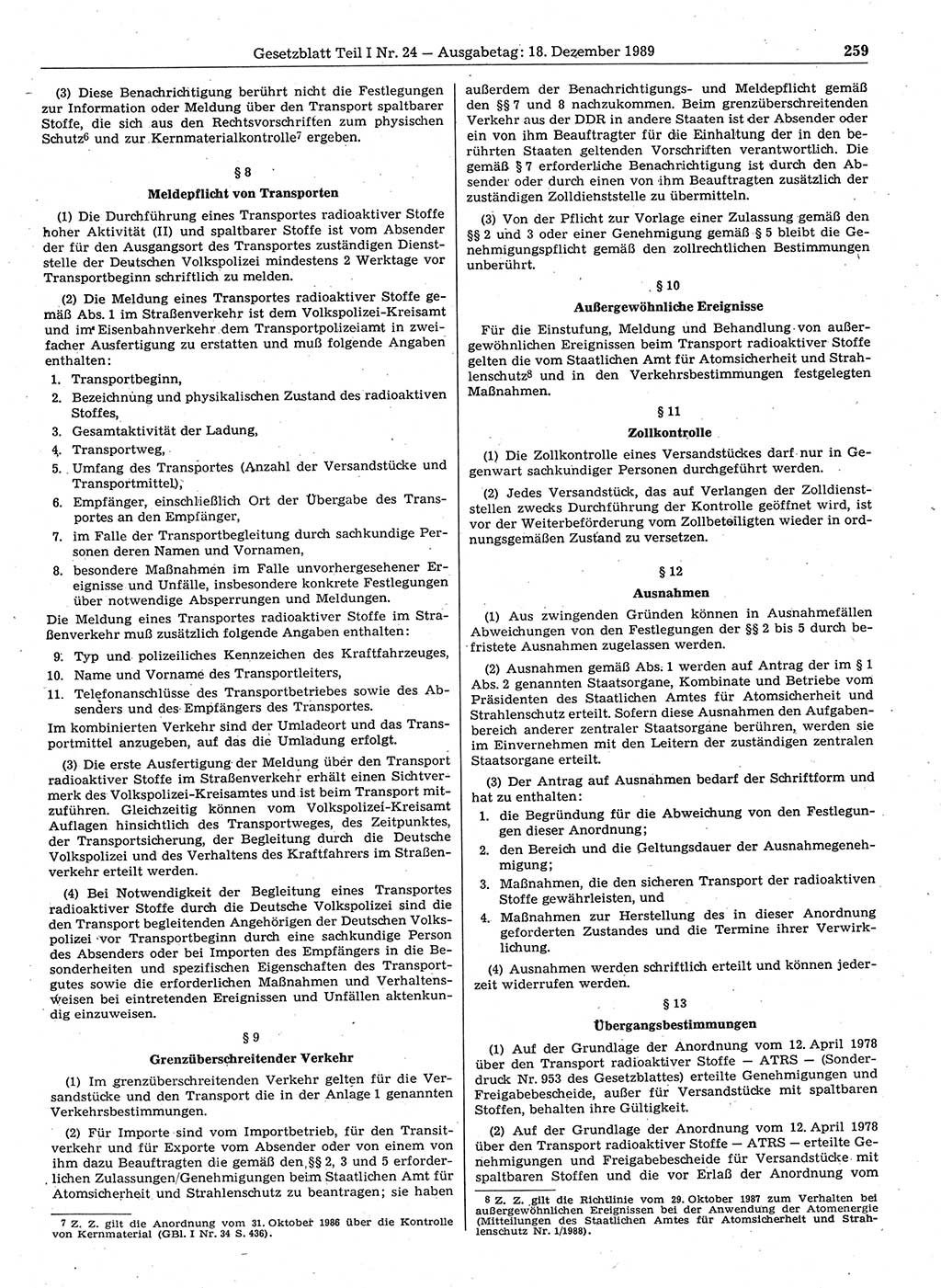 Gesetzblatt (GBl.) der Deutschen Demokratischen Republik (DDR) Teil Ⅰ 1989, Seite 259 (GBl. DDR Ⅰ 1989, S. 259)