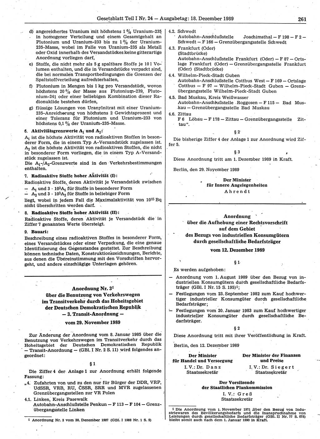 Gesetzblatt (GBl.) der Deutschen Demokratischen Republik (DDR) Teil Ⅰ 1989, Seite 261 (GBl. DDR Ⅰ 1989, S. 261)