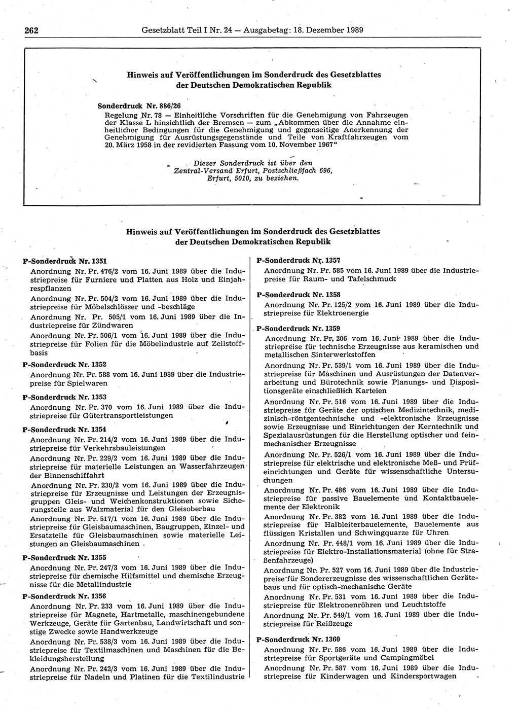 Gesetzblatt (GBl.) der Deutschen Demokratischen Republik (DDR) Teil Ⅰ 1989, Seite 262 (GBl. DDR Ⅰ 1989, S. 262)