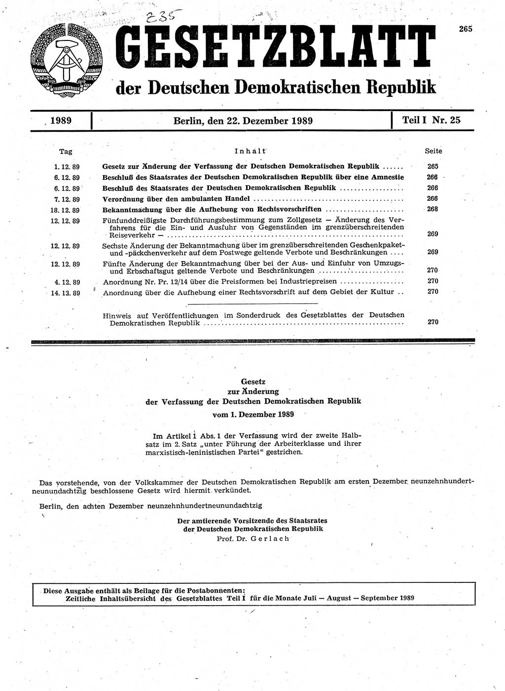Gesetzblatt (GBl.) der Deutschen Demokratischen Republik (DDR) Teil Ⅰ 1989, Seite 265 (GBl. DDR Ⅰ 1989, S. 265)