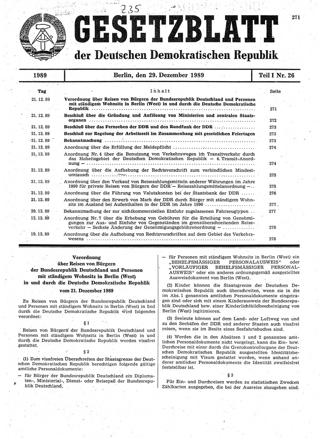 Gesetzblatt (GBl.) der Deutschen Demokratischen Republik (DDR) Teil Ⅰ 1989, Seite 271 (GBl. DDR Ⅰ 1989, S. 271)