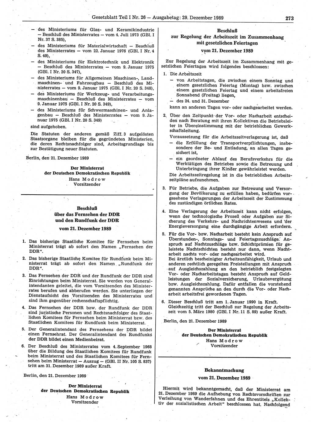 Gesetzblatt (GBl.) der Deutschen Demokratischen Republik (DDR) Teil Ⅰ 1989, Seite 273 (GBl. DDR Ⅰ 1989, S. 273)