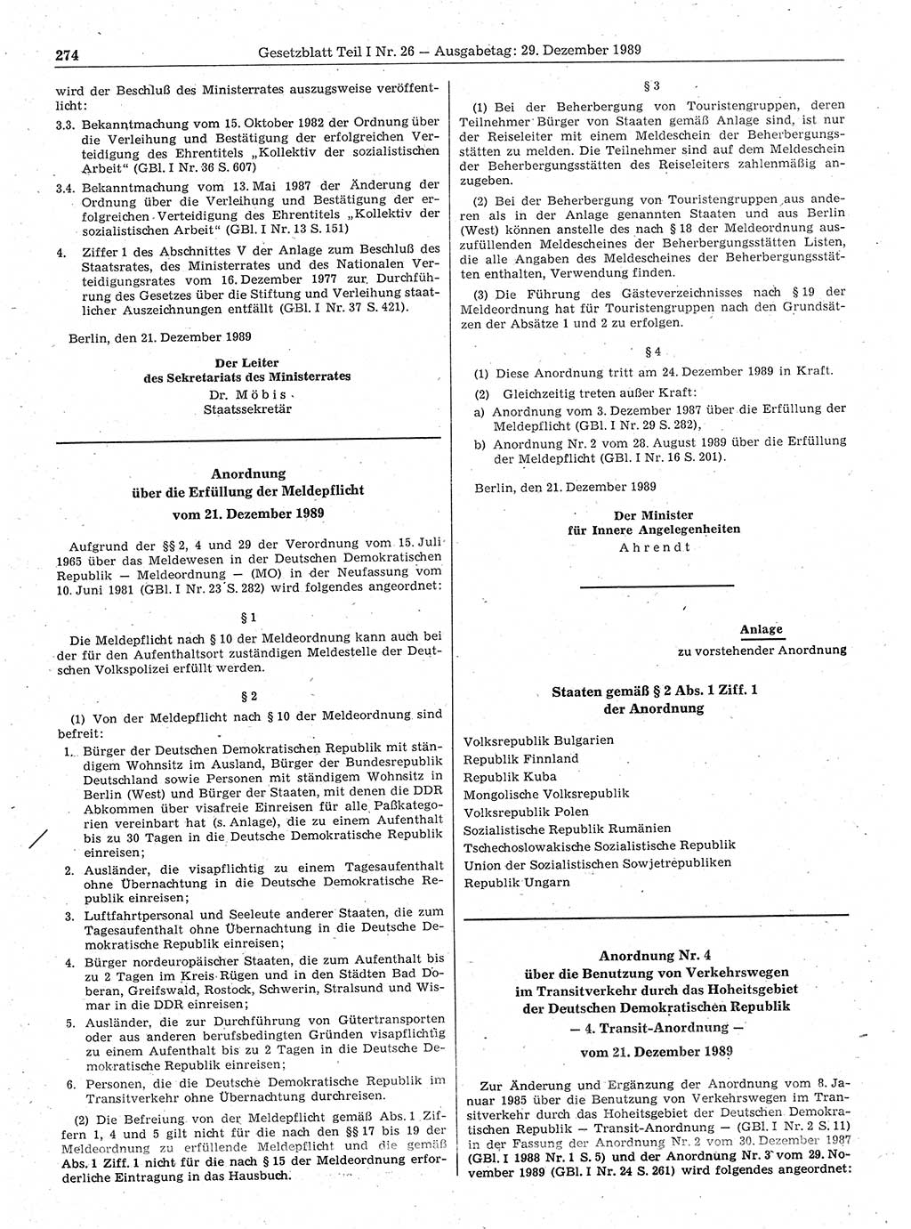 Gesetzblatt (GBl.) der Deutschen Demokratischen Republik (DDR) Teil Ⅰ 1989, Seite 274 (GBl. DDR Ⅰ 1989, S. 274)
